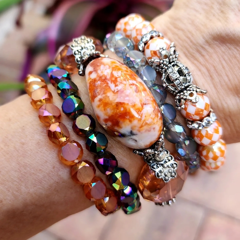Silver Bracelets Stacking Set Natural Jasper Stone European Crystals